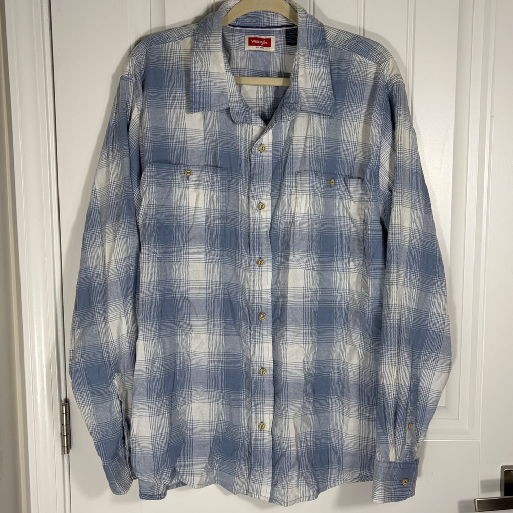 Wrangler Mens Plaid Button Down Shirt Blue White Long Sleeve Size 2XL Pockets